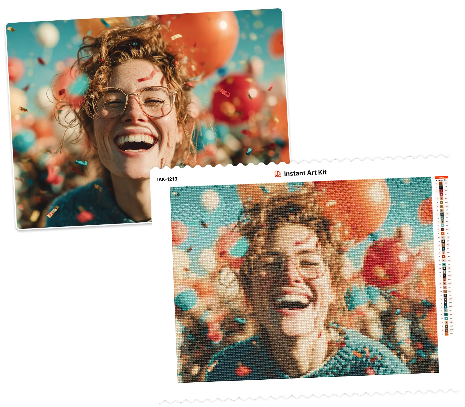 Photo converted to diamond painting preview with color chart